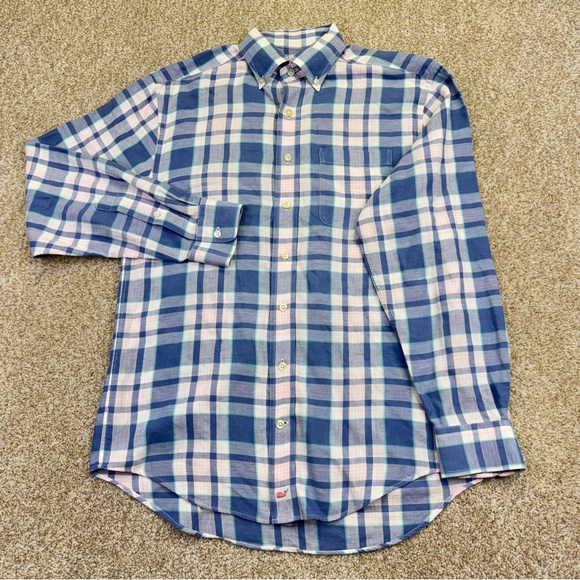 Vineyard Vines Classic Fit Murray Shirt Blue Pink Check Mens Size S Linen Blend - Picture 2 of 14